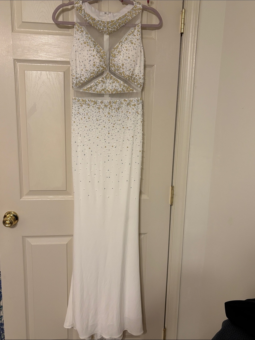 JVN by Jovani White Prom Gown with Gold Embellished Bodice